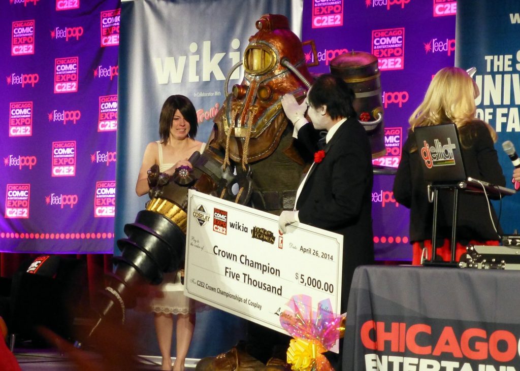 Cosplayer in a full Big Daddy diving-suit costume from BioShock on stage at C2E2 2014