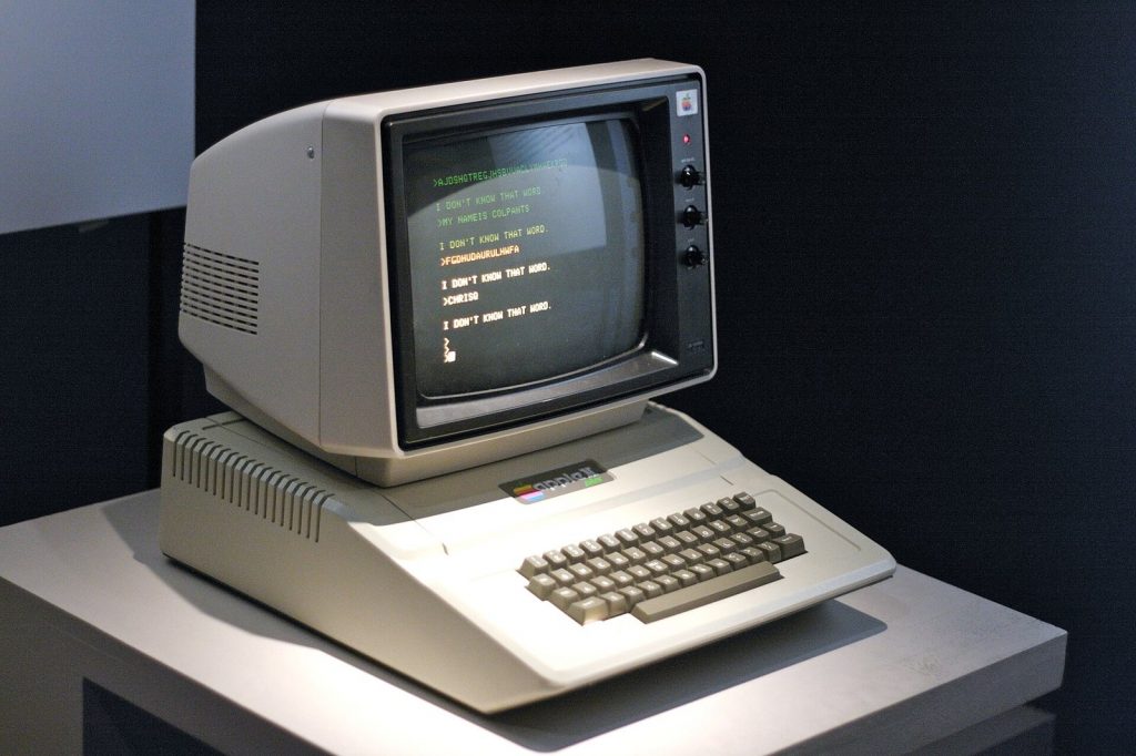 Apple II Plus computer with monitor on display at the Museum of the Moving Image