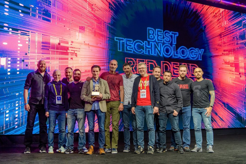 Rockstar Games staff on stage accepting an award at the 2019 Game Developers Choice Awards